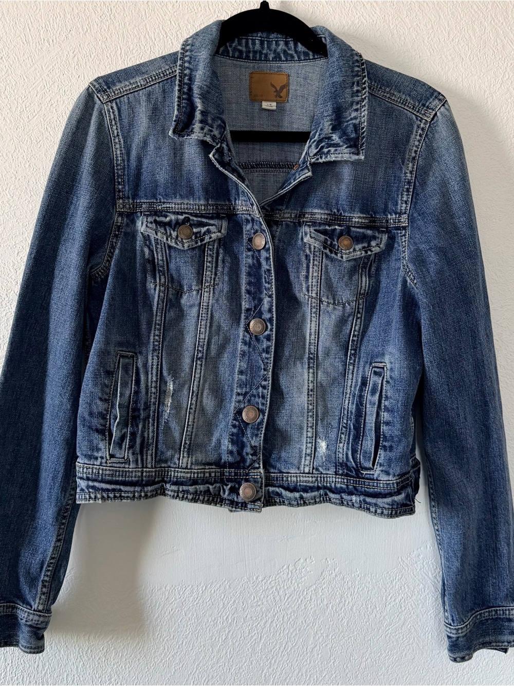 American Eagle Outfitters Distressed Medium Blue Denim Jacket
